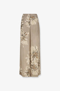 Brunello Cucinelli women’s beige wide-leg silk trousers with flowing fabric and cream and muted brown floral print