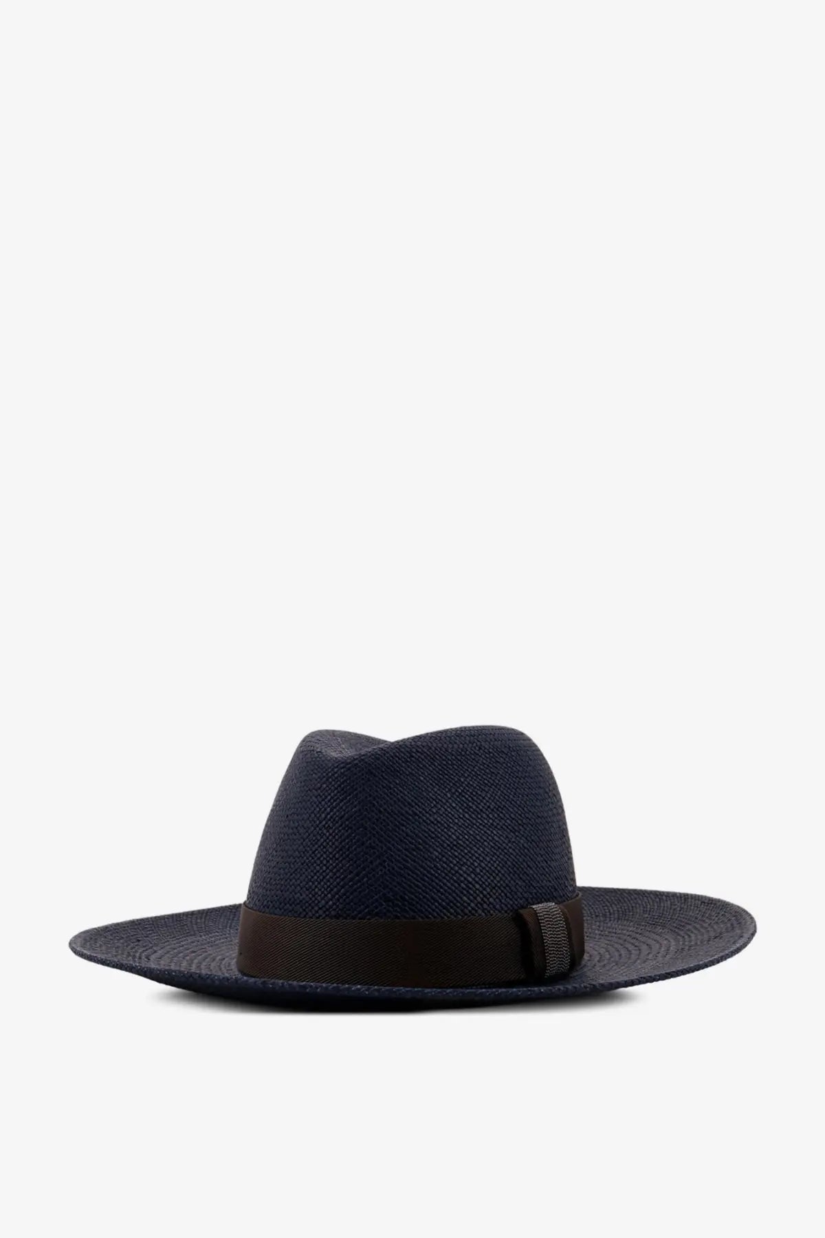 Dark blue woven raffia fedora hat with brown ribbon band by Brunello Cucinelli for women
