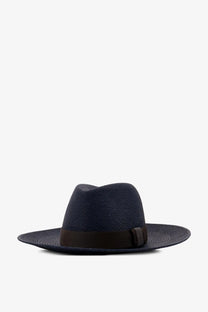 Dark blue woven raffia fedora hat with brown ribbon band by Brunello Cucinelli for women