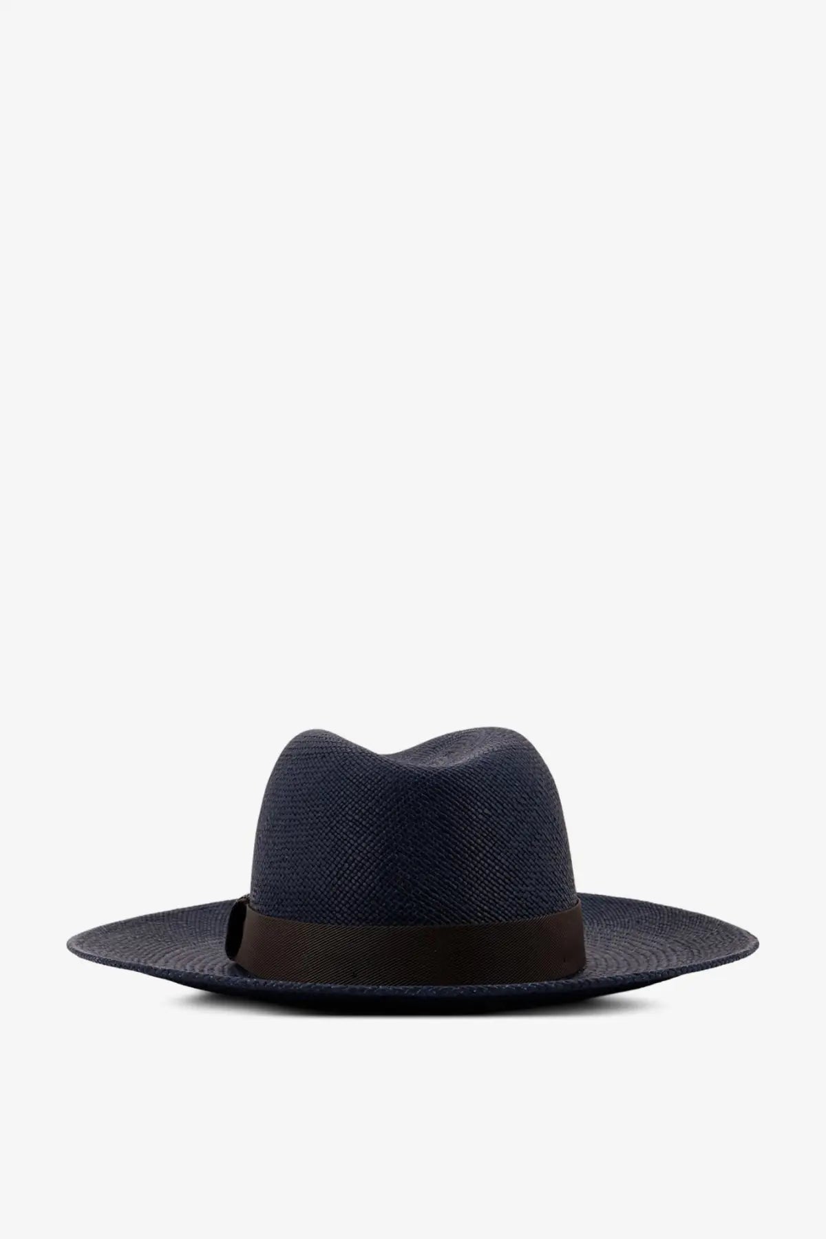 Dark blue woven raffia fedora hat with a contrasting brown ribbon band by Brunello Cucinelli women’s collection