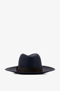 Dark blue woven raffia fedora hat with a contrasting brown ribbon band by Brunello Cucinelli women’s collection
