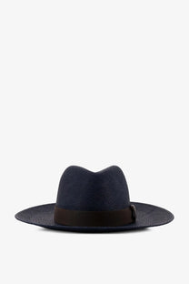 Brunello Cucinelli women’s navy blue woven raffia fedora hat with a dark brown leather band in black tone