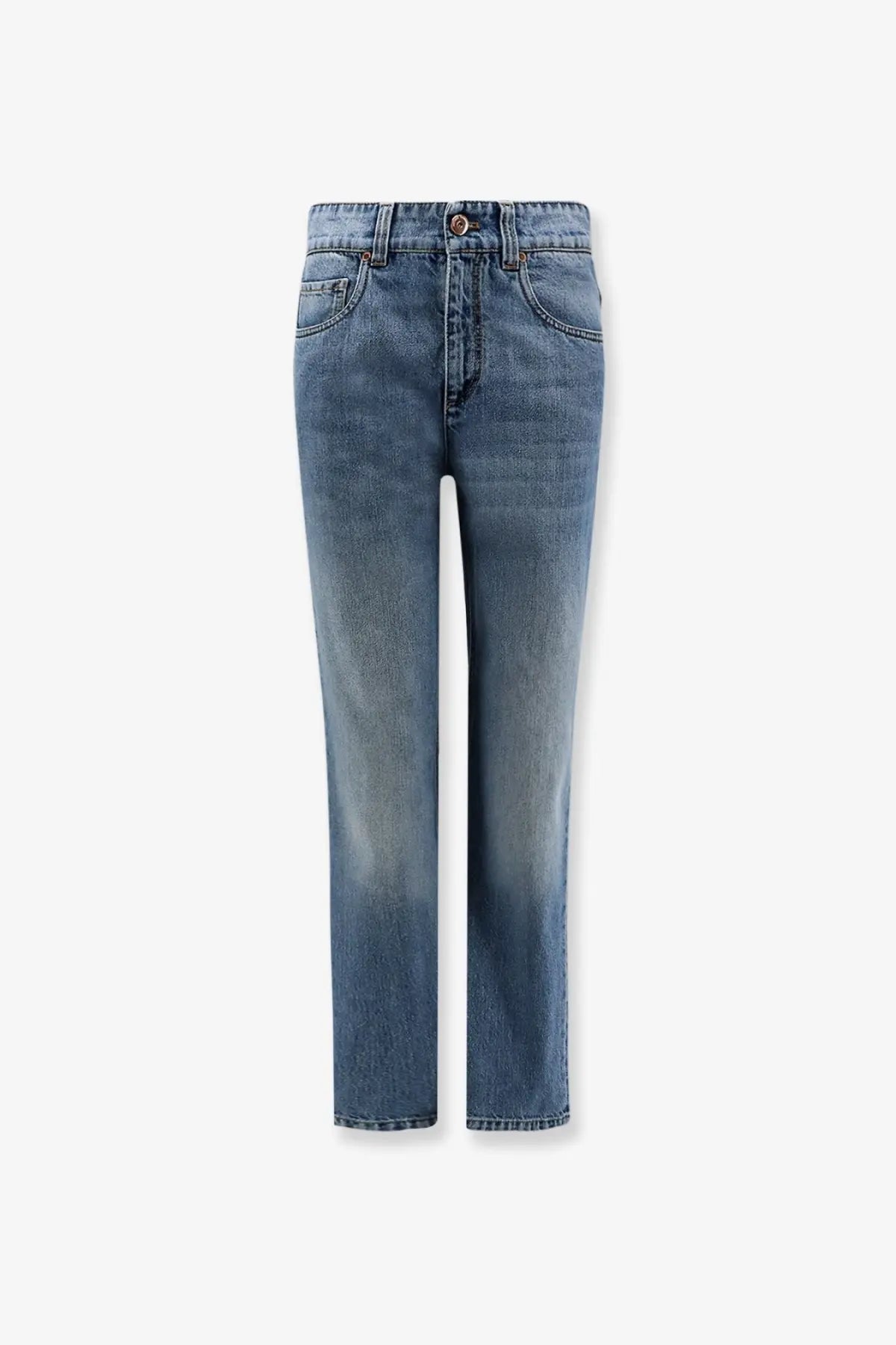 High waisted straight leg denim jeans in faded medium blue wash with five pockets and button closure by brunello cucinelli