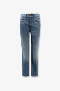 High waisted straight leg denim jeans in faded medium blue wash with five pockets and button closure by brunello cucinelli