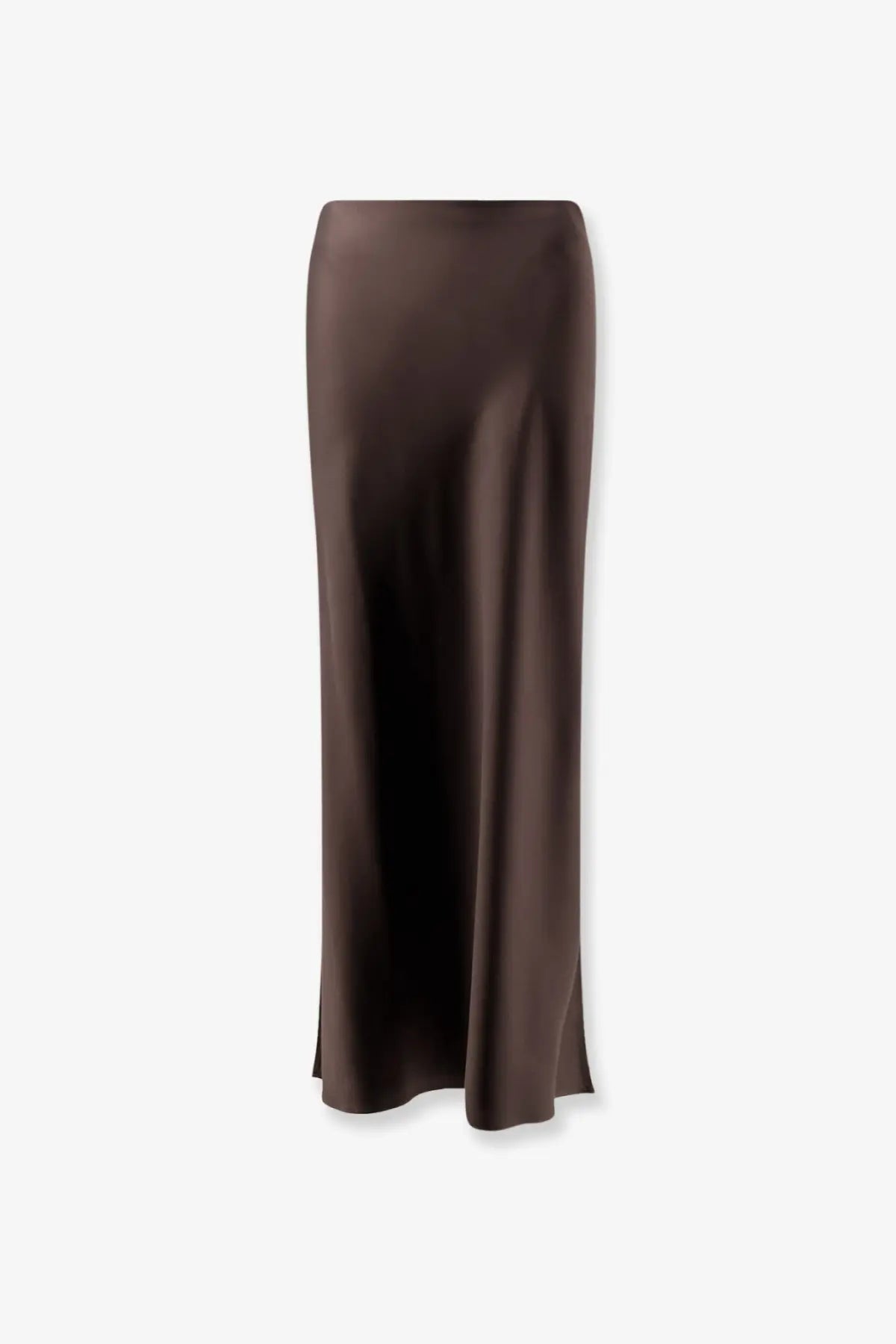 Brunello Cucinelli women’s satin long skirt brown in chocolate brown with a smooth flowing drape and subtle sheen