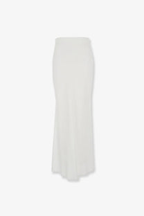 Brunello Cucinelli women’s off-white satin mermaid skirt with smooth flowing fabric flaring from the knee