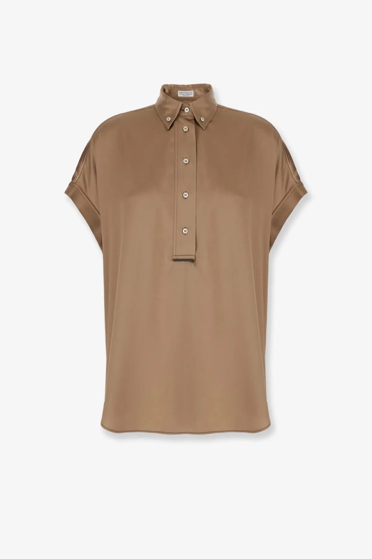 Brunello Cucinelli women’s camel-colored silk blend blouse with classic collar and short sleeves
