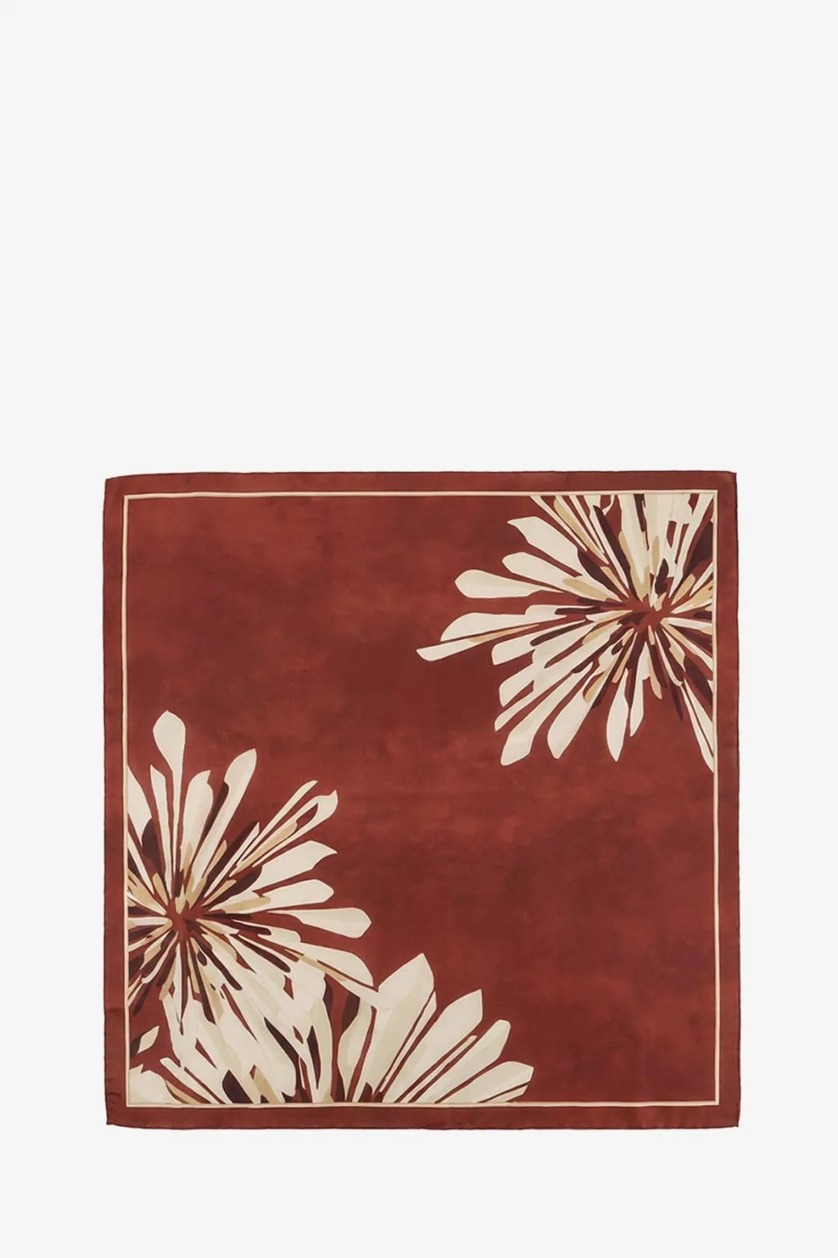 Brunello Cucinelli women’s silk foulard red square scarf in rust with cream chrysanthemum blooms and matching border