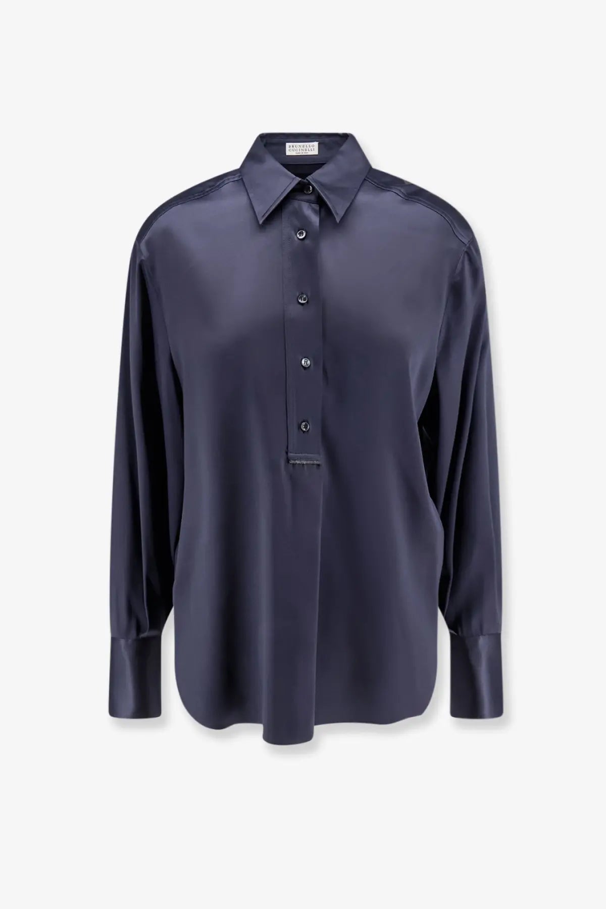 Brunello Cucinelli women’s silk shirt in sleek navy blue satin with button-down front and classic collar long sleeves