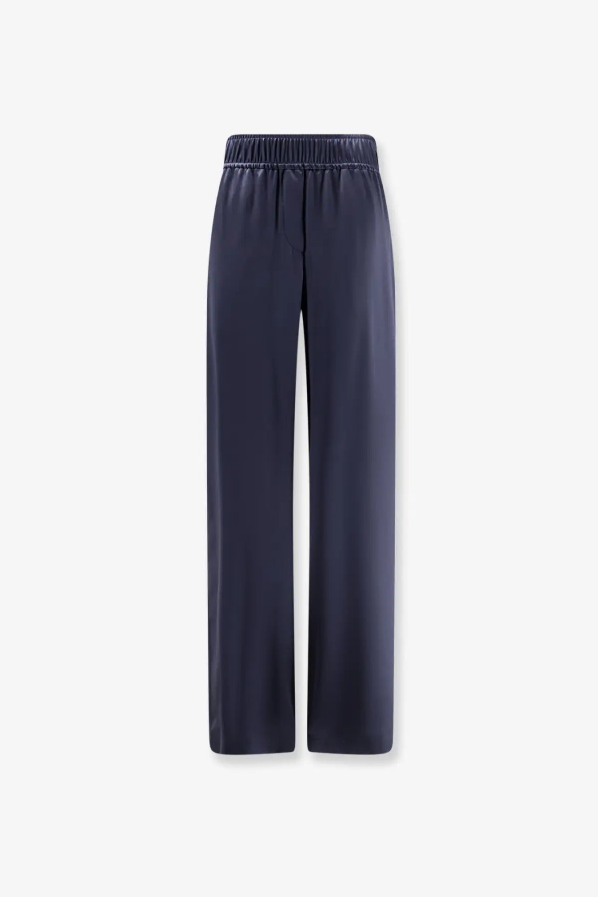 Brunello Cucinelli women’s navy blue silk wide-leg trousers with elastic waistband for elegant comfort