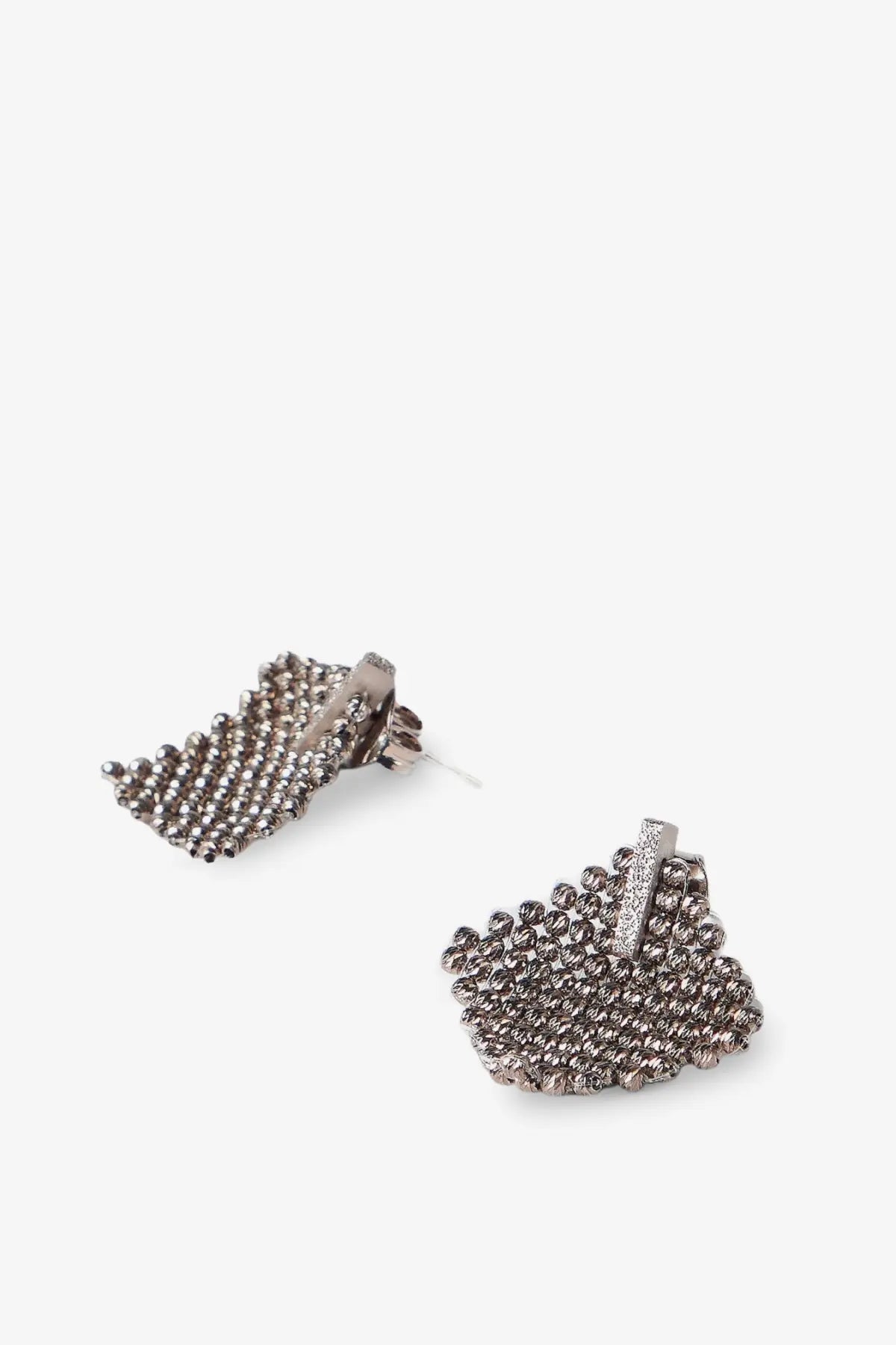 Brunello Cucinelli women’s silver monili leaf-shaped stud earrings with silver beaded textured mesh design