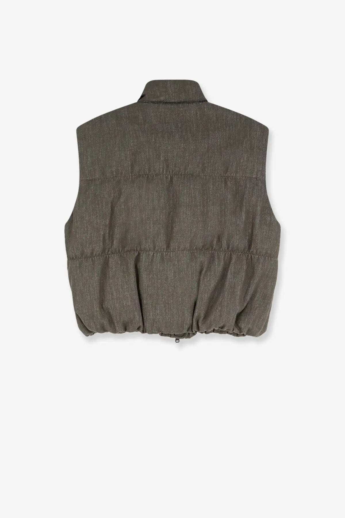 Brunello Cucinelli women’s dark olive green quilted sleeveless twill denim down vest with textured fabric and elasticated hem