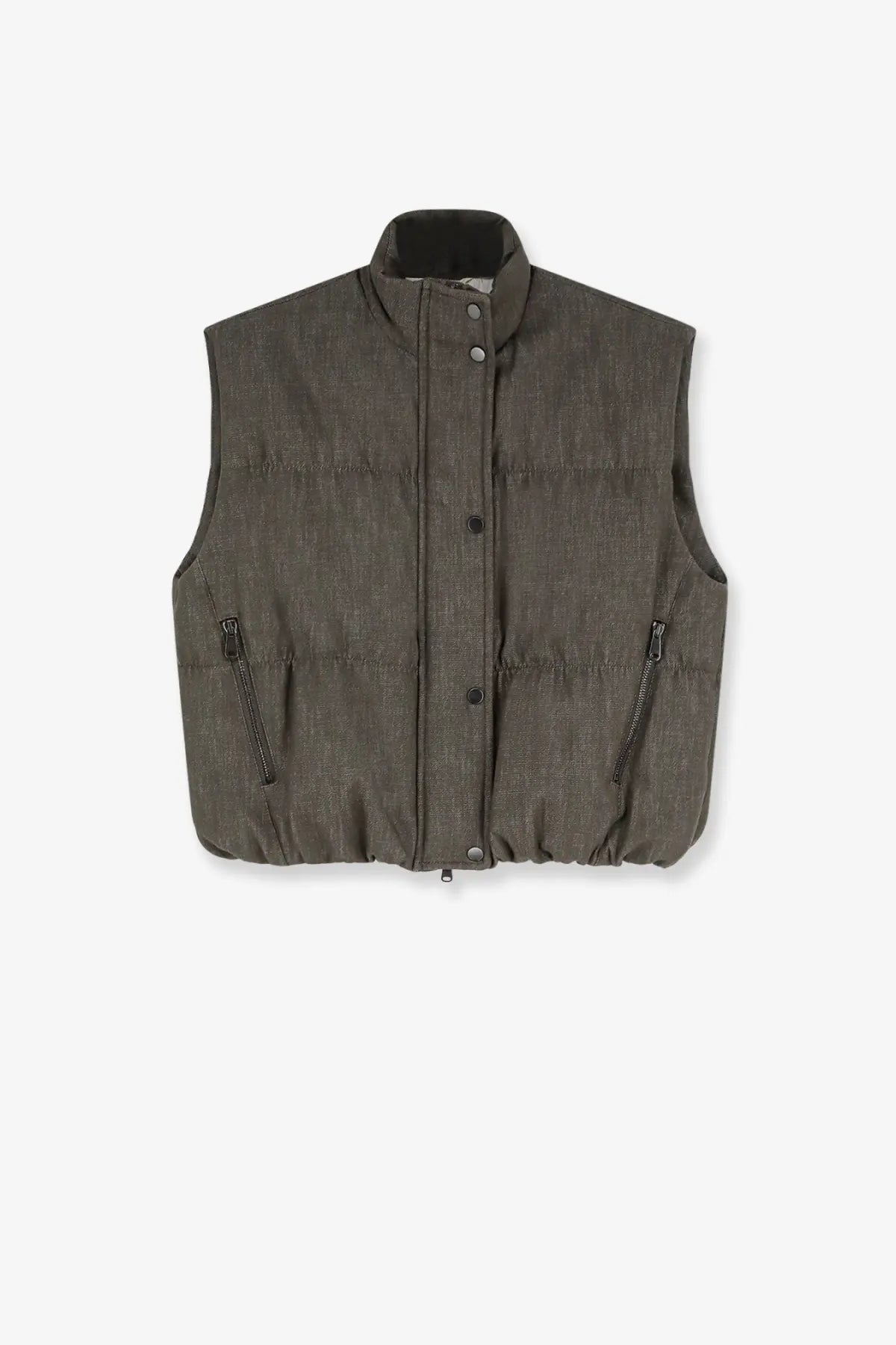 Brunello Cucinelli women’s dark olive green quilted down vest with high collar front button closure and zippered pockets