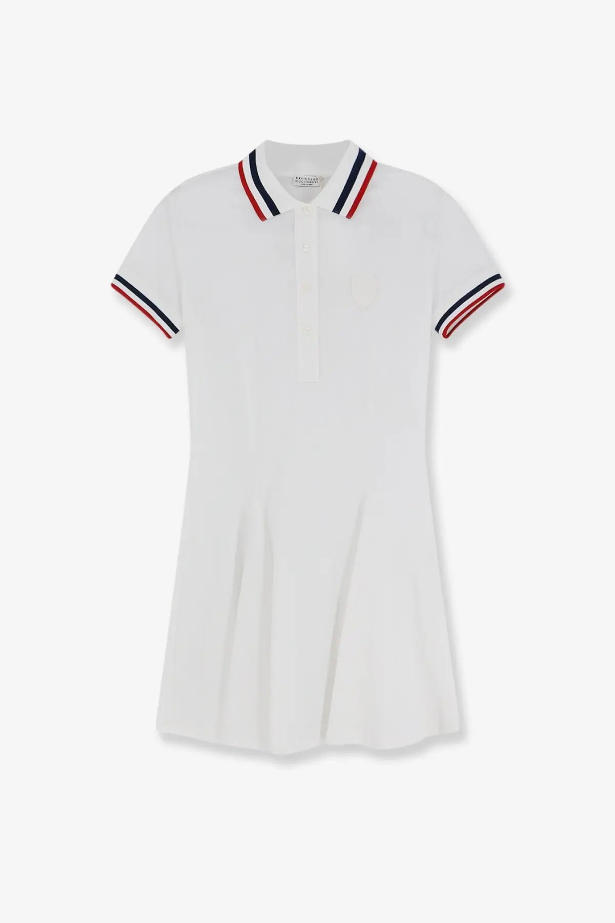 Brunello Cucinelli women’s white stretch cotton piquet mini polo dress with red white and navy striped collar and cuffs