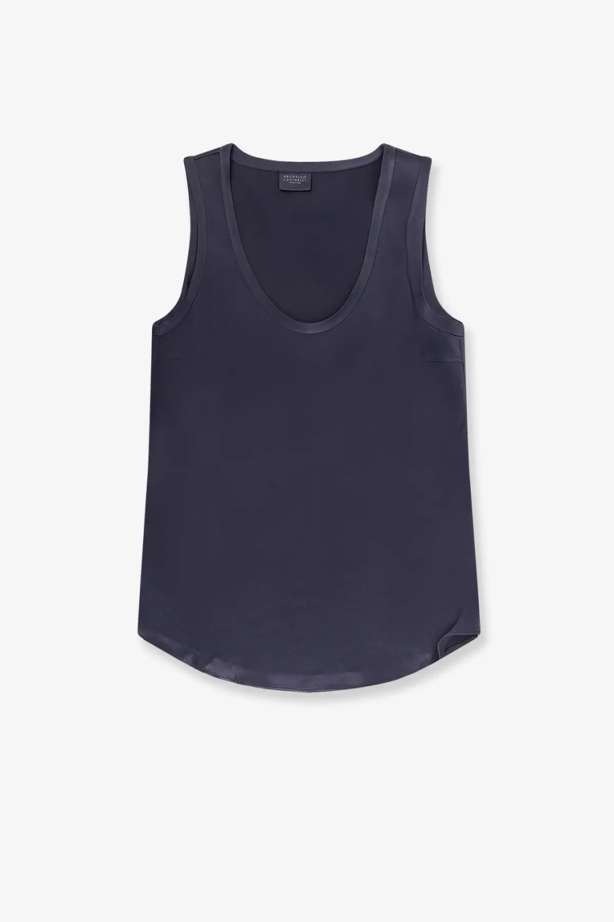 Brunello Cucinelli women’s navy blue sleeveless stretch silk tank top with soft flowing fabric and subtle sheen
