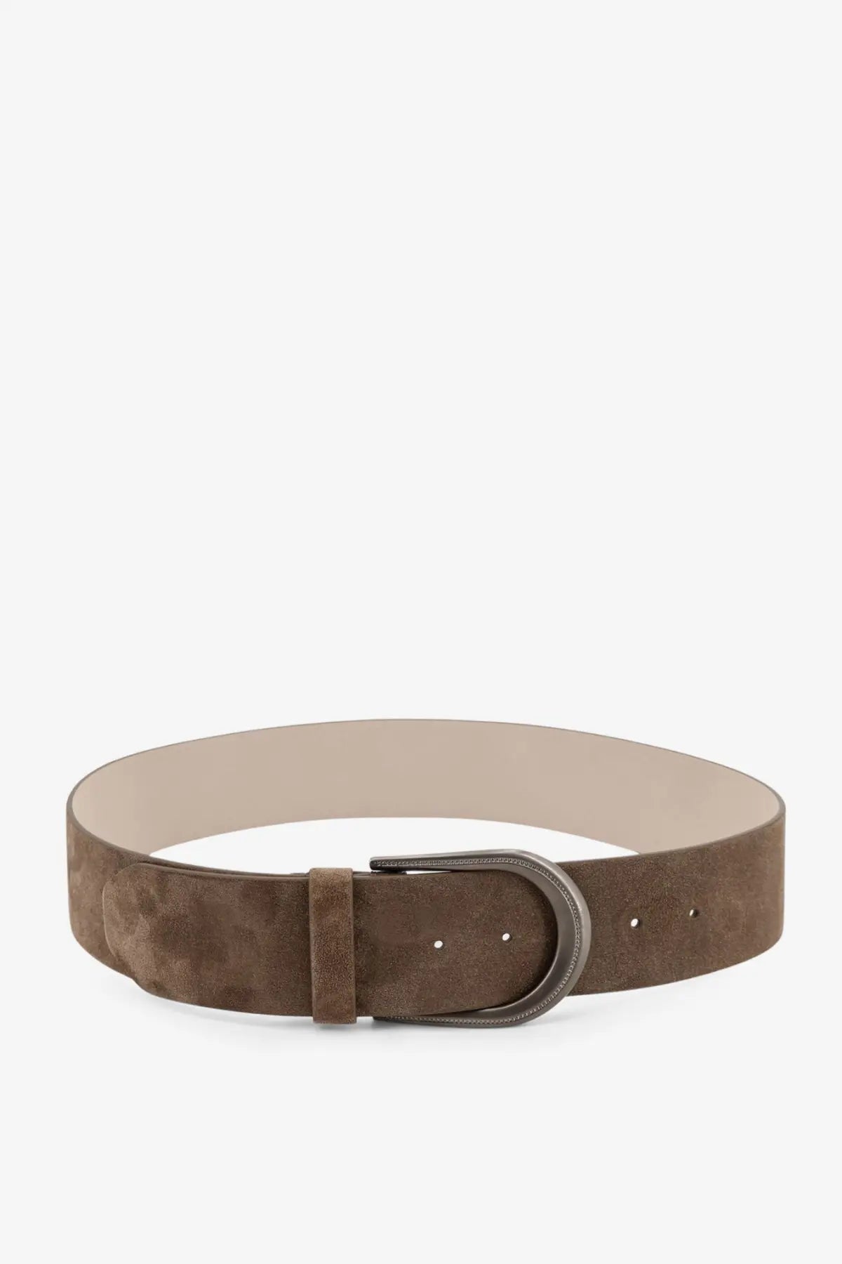 Brunello Cucinelli women’s brown suede belt with a matte-finished gold metal buckle