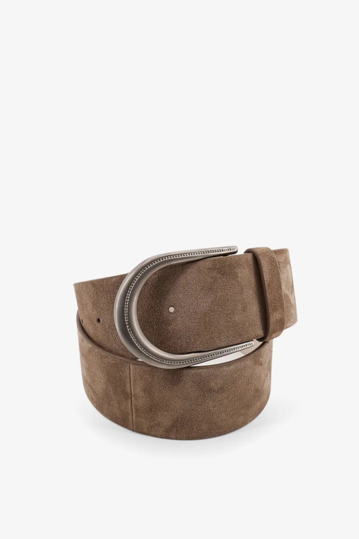Brunello Cucinelli women’s taupe suede belt with silver-toned beaded edge buckle in gold collection