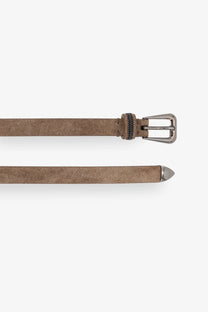 Brunello Cucinelli womens taupe suede belt with silver buckle and beaded detail