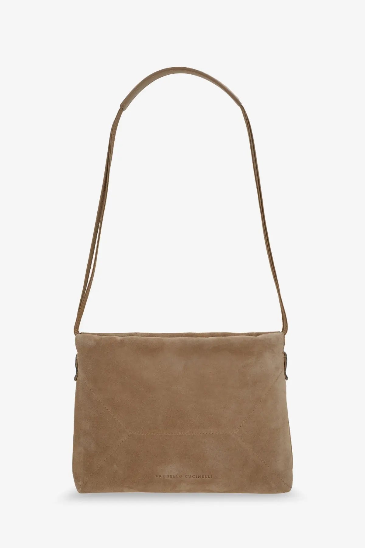 Brunello Cucinelli women’s beige tan suede shoulder bag with minimalist design and slender strap