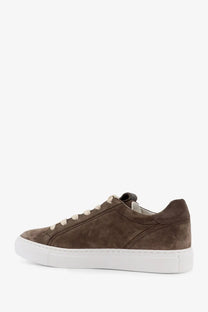 Brunello Cucinelli women’s beige suede low-top sneakers with white laces and a thick white rubber sole