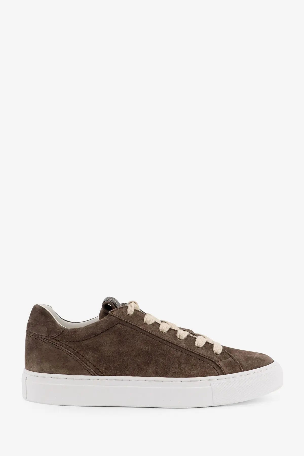 Brunello Cucinelli women’s beige suede low-top sneaker with cream laces and white rubber sole front view