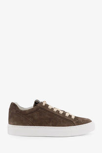 Brunello Cucinelli women’s beige suede low-top sneaker with cream laces and white rubber sole front view