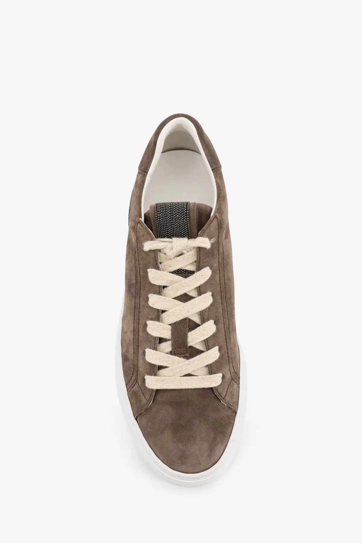 Brown suede low-top sneaker with cream-colored laces and white rubber sole from brunello cucinelli womens beige collection