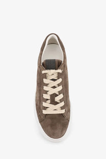 Brown suede low-top sneaker with cream-colored laces and white rubber sole from brunello cucinelli womens beige collection