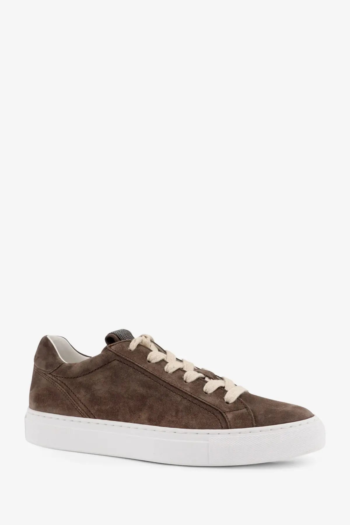 Brunello Cucinelli women’s beige suede low-top sneaker with cream laces and white rubber sole
