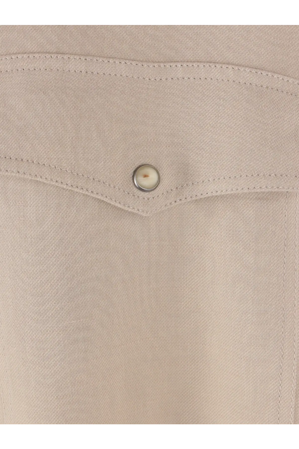 Brunello Cucinelli women’s beige viscose and linen cotton shirt with silver button and neat stitching details