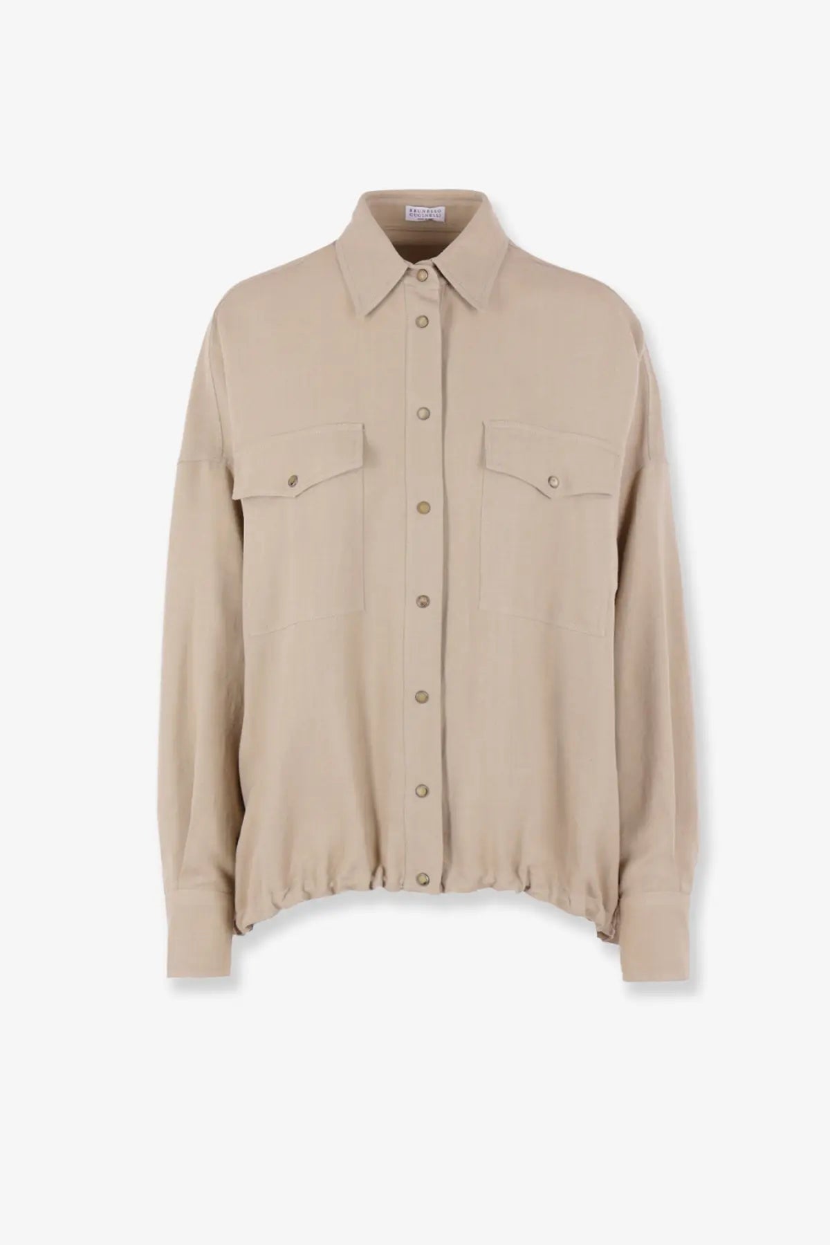 Brunello Cucinelli women’s beige long-sleeved button-up shirt in viscose and linen with chest pockets and relaxed fit