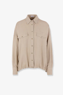Brunello Cucinelli women’s beige long-sleeved button-up shirt in viscose and linen with chest pockets and relaxed fit