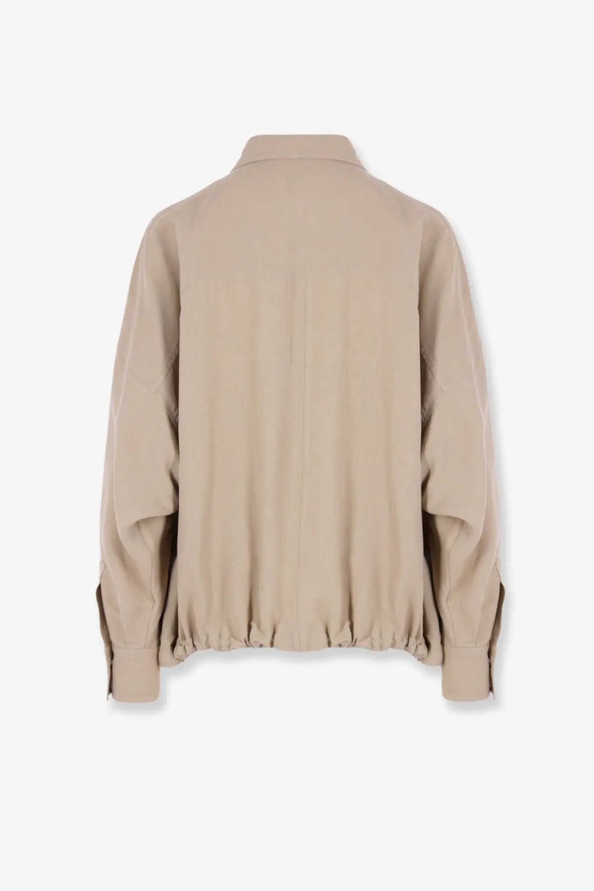 Beige oversized brunello cucinelli women’s viscose and linen blouse with relaxed fit and gathered sleeves and hem