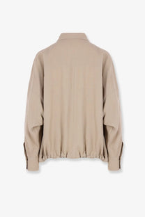 Beige oversized brunello cucinelli women’s viscose and linen blouse with relaxed fit and gathered sleeves and hem