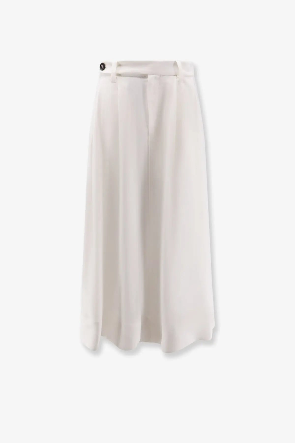 Brunello Cucinelli women’s white viscose and linen skirt with flowing pleated midi design and subtle waistband button