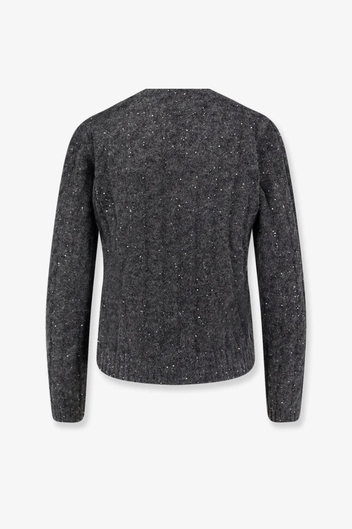 Brunello Cucinelli women’s dark gray wool blend knit sweater with subtle speckled texture and fine shimmering details