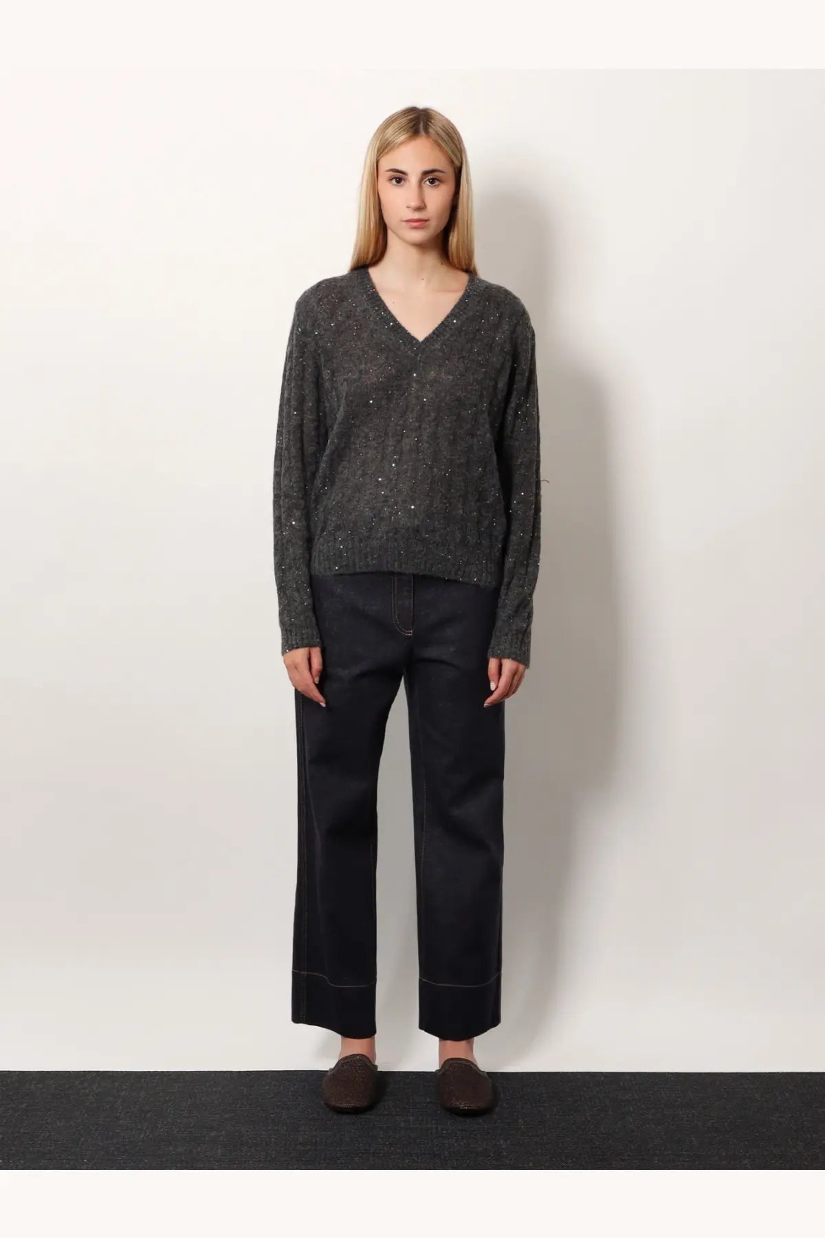 Brunello Cucinelli women’s dark gray wool blend v neck sweater with textured speckled pattern