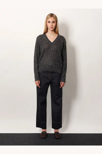 Brunello Cucinelli women’s dark gray wool blend v neck sweater with textured speckled pattern