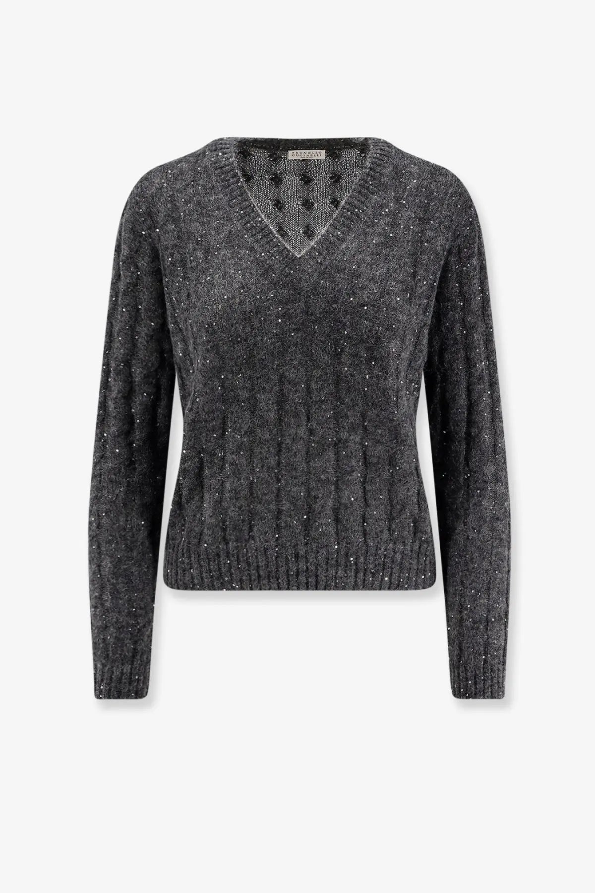 Brunello cucinelli women’s wool blend dark gray v-neck sweater with textured knit and subtle shimmering speckles