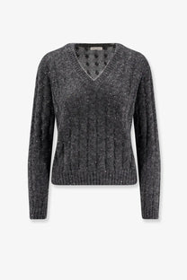 Brunello cucinelli women’s wool blend dark gray v-neck sweater with textured knit and subtle shimmering speckles