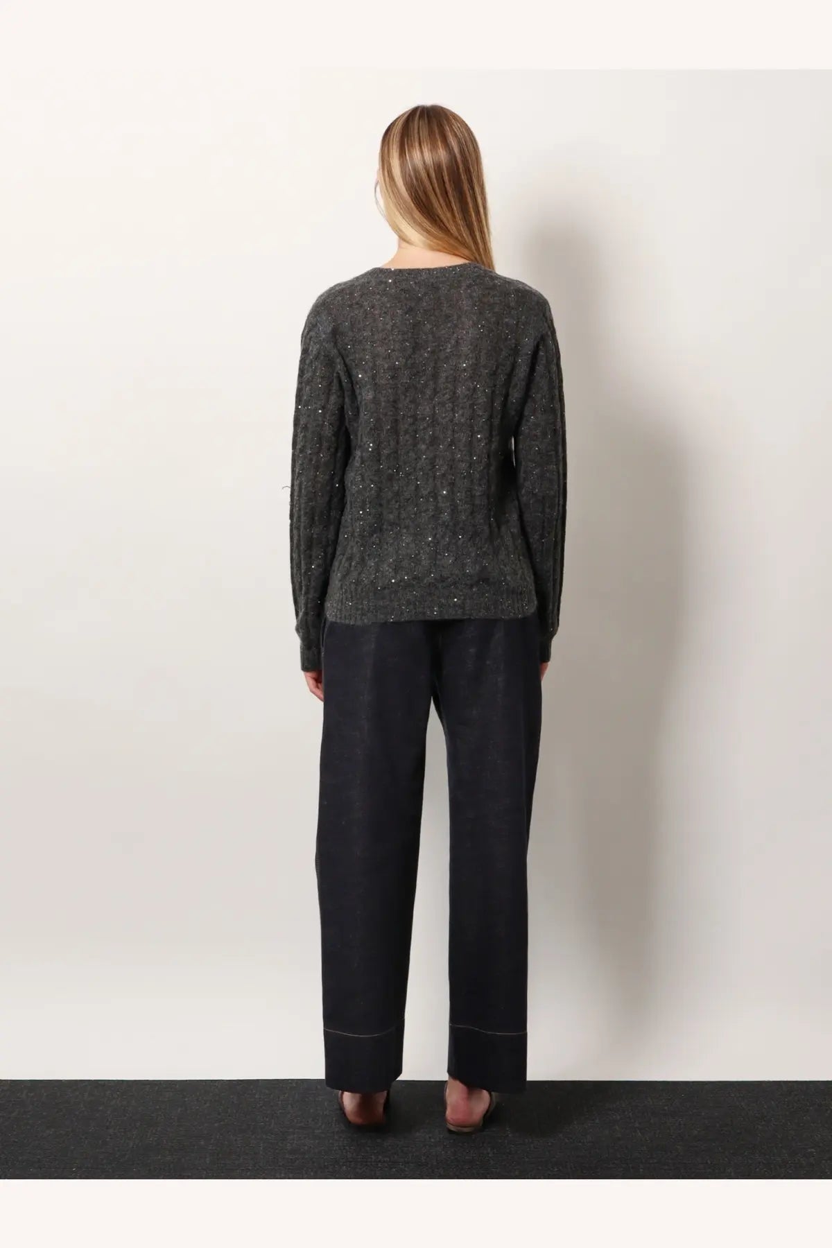 Brunello Cucinelli women’s dark gray wool blend sweater with textured cable knit and subtle shimmering details