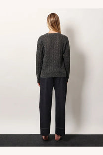 Brunello Cucinelli women’s dark gray wool blend sweater with textured cable knit and subtle shimmering details