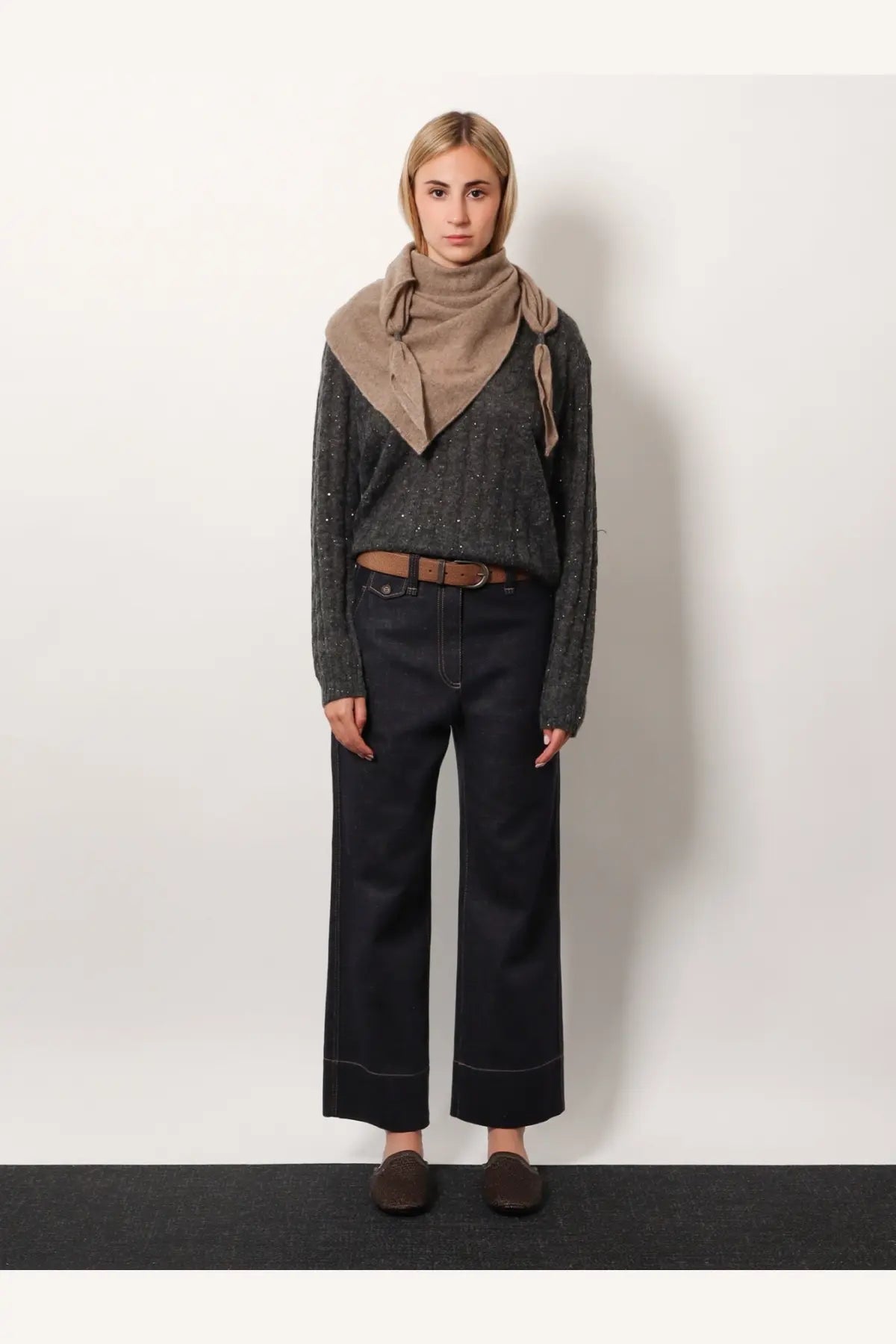 Brunello Cucinelli women’s grey wool blend sweater with a taupe knitted scarf draped over shoulders and loosely knotted