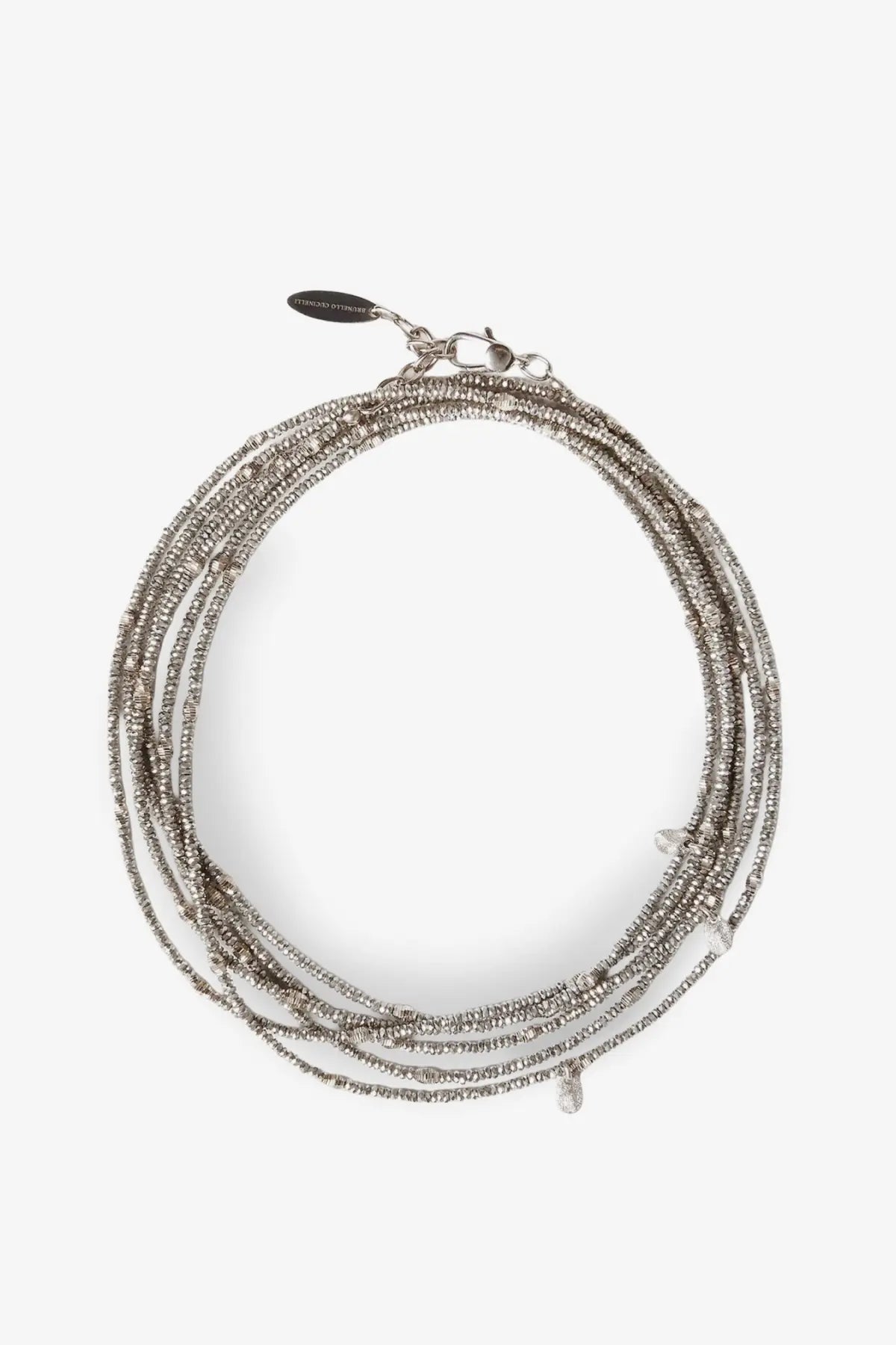 Silver beaded layered necklace with delicate textured design and multiple strands complementing brunello cucinelli bracelet gray