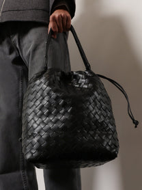 Bottega Veneta Men's Bucket Intrecciato Biblioteca Leather Shoulder Bag Black