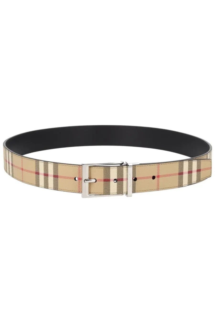 Burberry men’s belt check beige plaid leather belt in beige and red with a silver-toned buckle