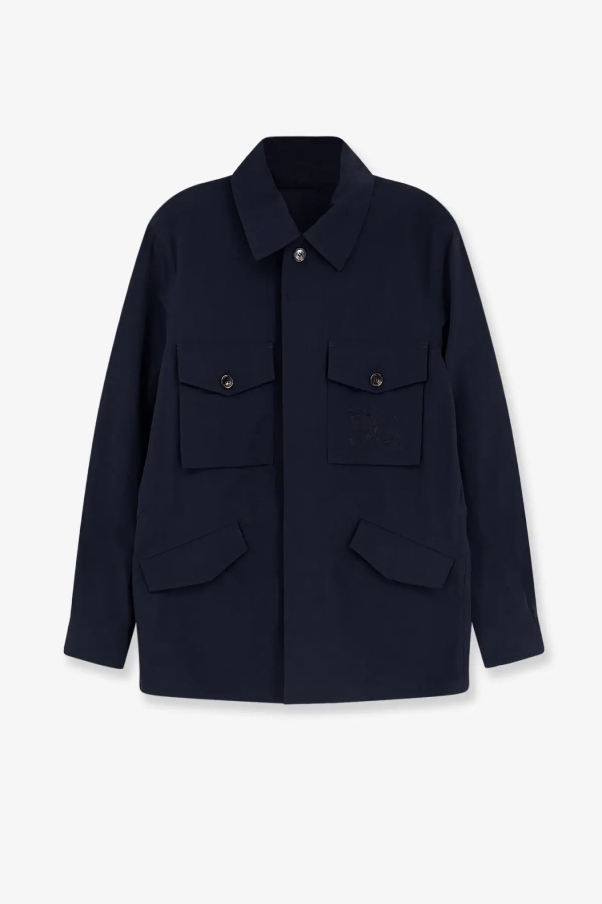 Burberry men’s bradmore nylon jacket in dark navy blue with long sleeves collar and flap pockets