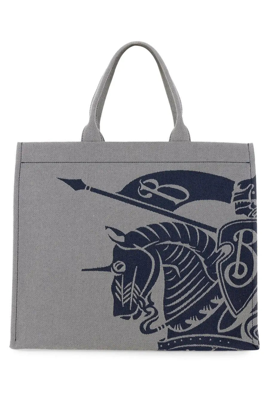 Burberry men’s grey canvas tote bag with bold navy blue knight on horseback graphic on the front