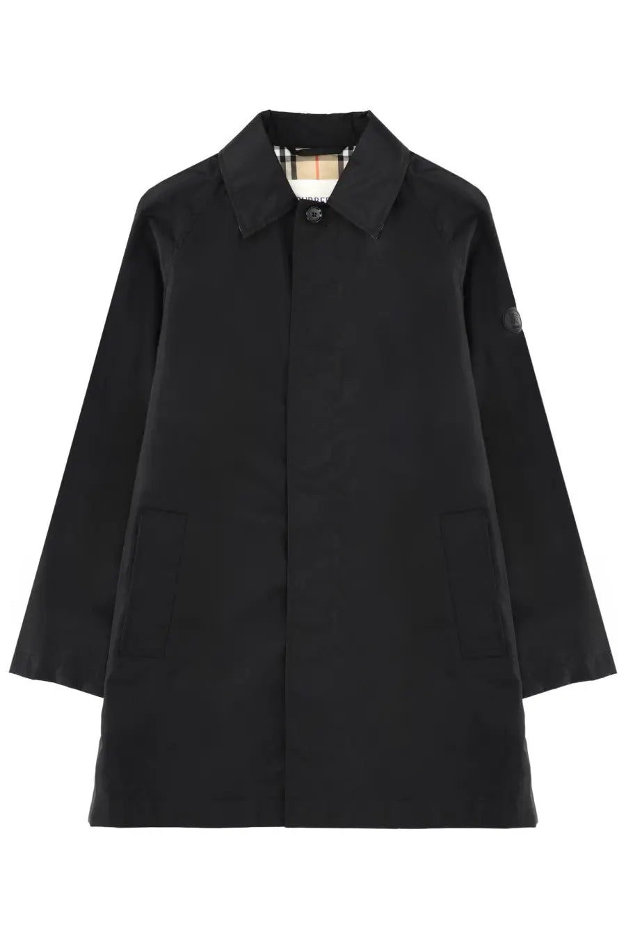 Burberry men’s cappotto ridgewood black trench coat with classic collar and signature check lining interior