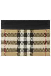 Burberry men’s check beige card holder with beige black and red checkered pattern and sleek black leather top edge